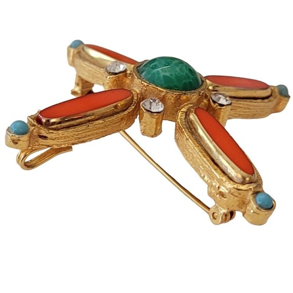 Gold Tone Orange Bezel Set, Green Mottled Cab Maltese Cross Brooch Pendant E782 - Picture 4 of 10